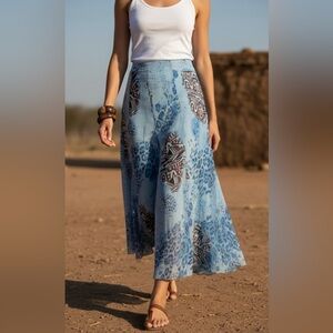 Vintage Bias Cut Maxi Skirt in Blue & Brown Print | René Derhy Paris